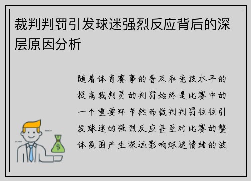 裁判判罚引发球迷强烈反应背后的深层原因分析